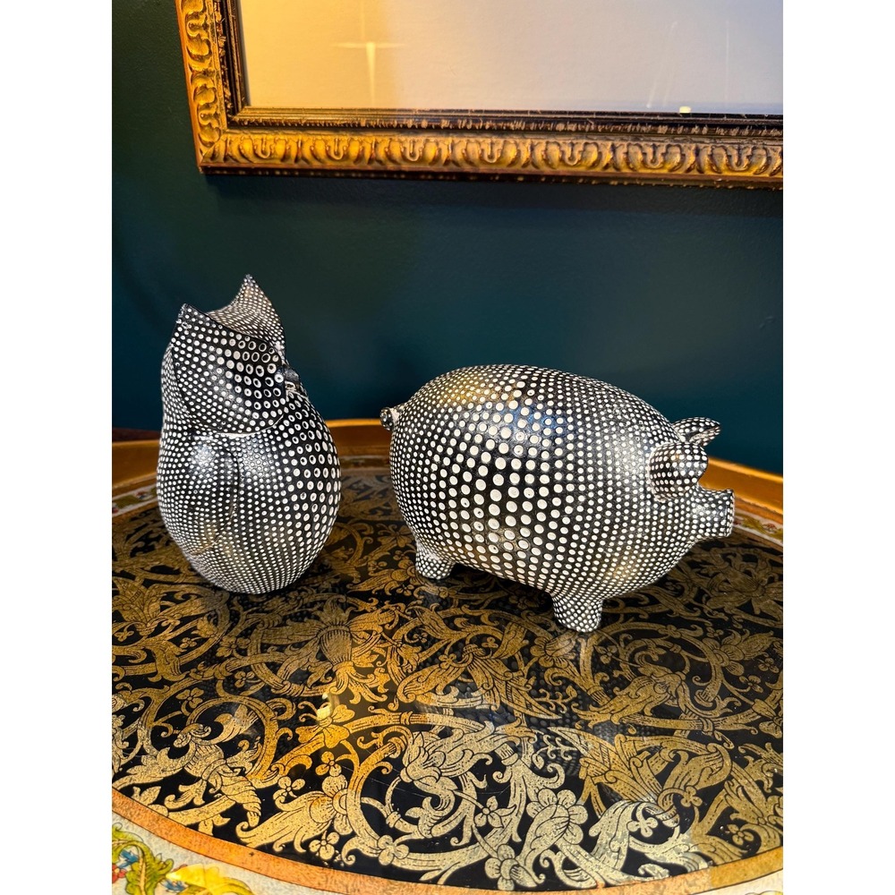 Pier 1 Imports Black & White Polka Dot Pig and Owl Figurine Set - Picture 4 of 15